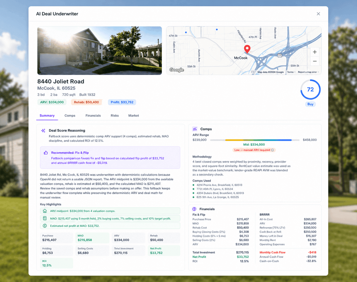 AI Deal Underwriter report for 8440 Joliet Road showing property details, comps, deal score, and financials.