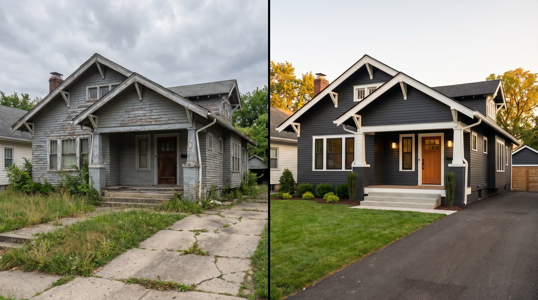 A craftsman home shown before and after renovation.